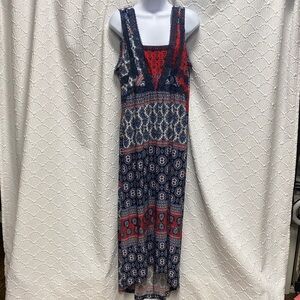 ONE‎ WORLD size large Red and Blue Bohemian Maxi Dress high low stretch paisley